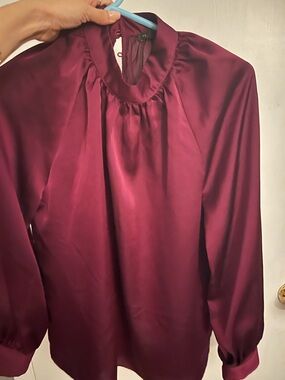 Ann Taylor purple Satin-like Long-Sleeve Blouse - Elegant High Neck